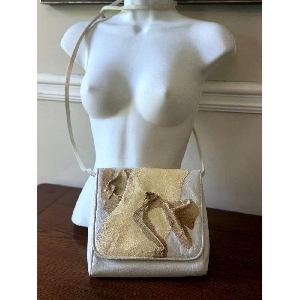 Carlos Falchi Women's Snakeskin Detail White Leather Crossbody Handbag Vintage